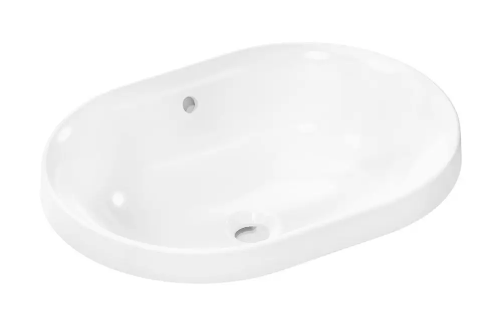 Einbauwaschtisch in Weiß von Hansgrohe, ovaler Form, ohne Hahnloch und mit Überlauföffnung, geeignet für modernes Badezimmerdesign.